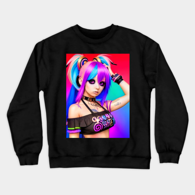 Hot  kawaii anime girl with rainbow hair Crewneck Sweatshirt by animegirlnft