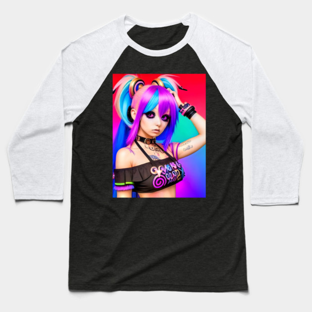 Hot  kawaii anime girl with rainbow hair Baseball T-Shirt by animegirlnft
