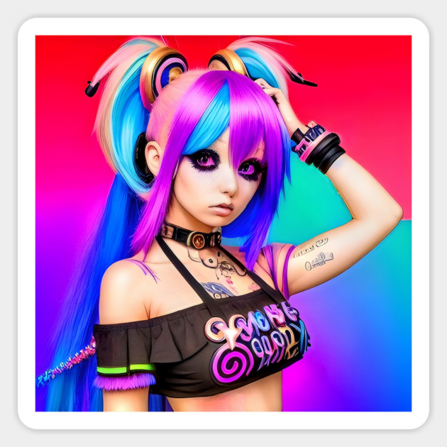 Hot  kawaii anime girl with rainbow hair Sticker by animegirlnft