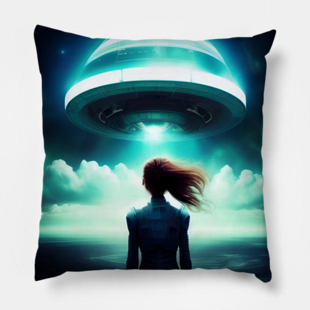 A girl looking at UFO in the sky Pillow by animegirlnft