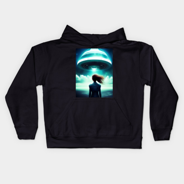 A girl looking at UFO in the sky Kids Hoodie by animegirlnft