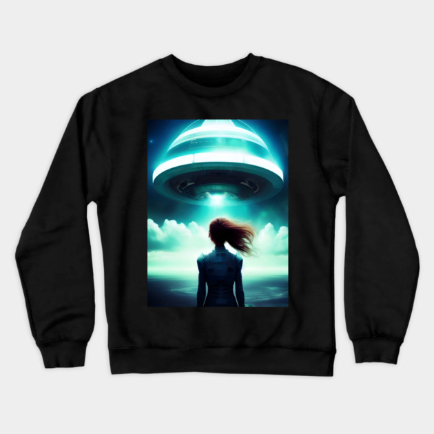 A girl looking at UFO in the sky Crewneck Sweatshirt by animegirlnft
