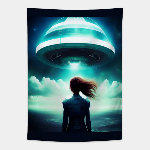 A girl looking at UFO in the sky Tapestry by animegirlnft