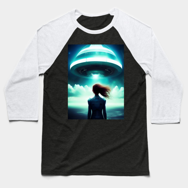 A girl looking at UFO in the sky Baseball T-Shirt by animegirlnft