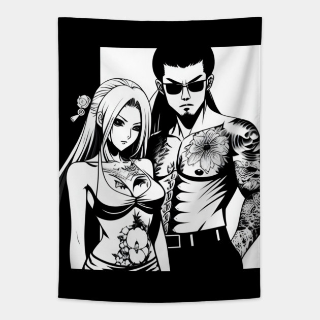 Japanese Tattoo Girlfriend Boyfriend Anime Couple Tapestry by animegirlnft