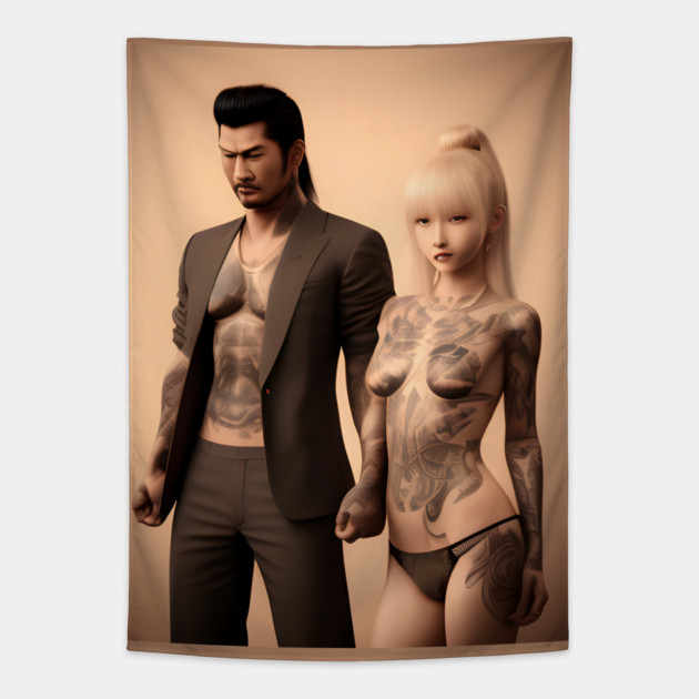 Couple Tattoo design Tapestry by animegirlnft