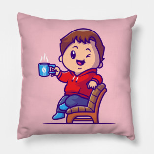 Cute Boy Drink Hot Coffee On Chair Cartoon Pillow