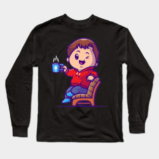 Cute Boy Drink Hot Coffee On Chair Cartoon Long Sleeve T-Shirt