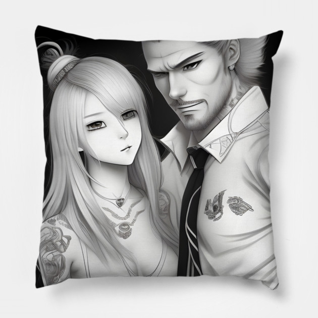 Manga husband and wife with tattoo Pillow by animegirlnft