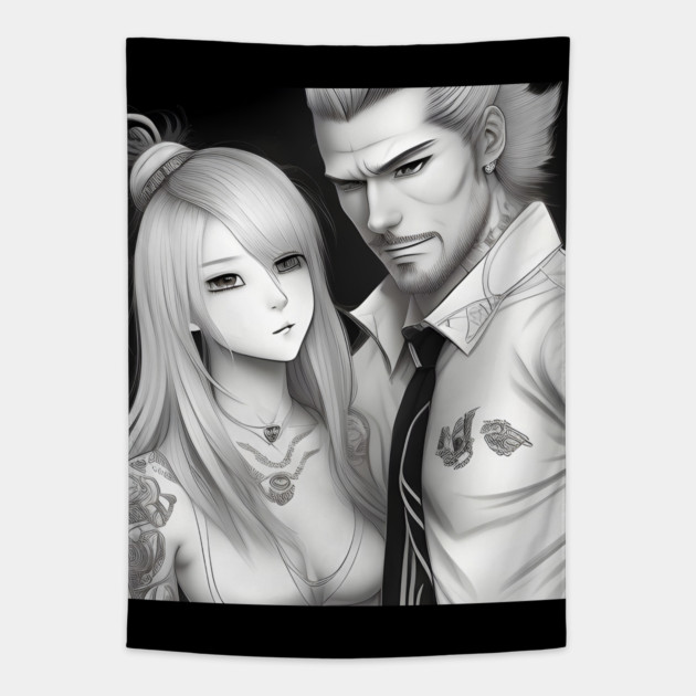 Manga husband and wife with tattoo Tapestry by animegirlnft