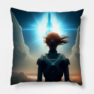 Girl astronaut witnessing rocket ship launch Pillow