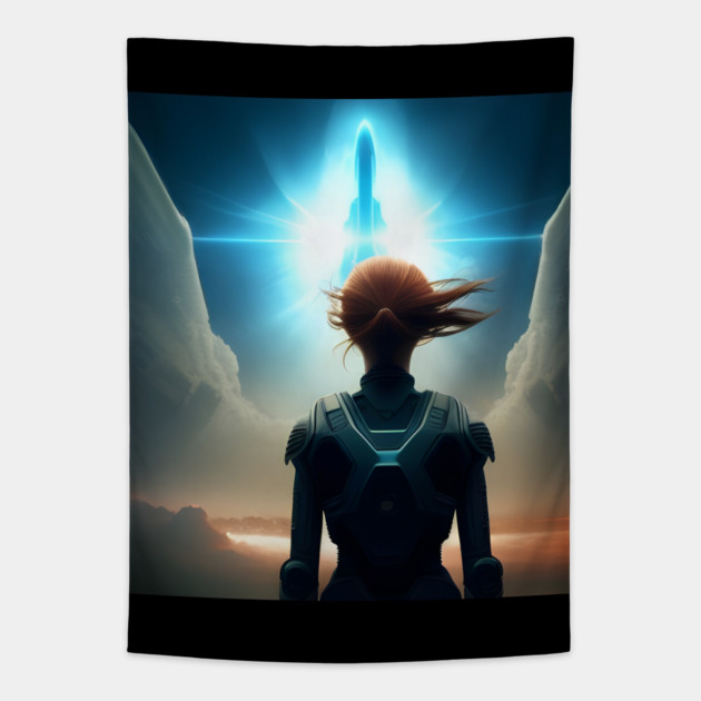 Girl astronaut witnessing rocket ship launch Tapestry by animegirlnft