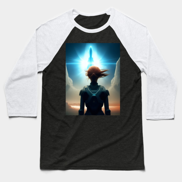 Girl astronaut witnessing rocket ship launch Baseball T-Shirt by animegirlnft