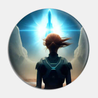 Girl astronaut witnessing rocket ship launch Pin