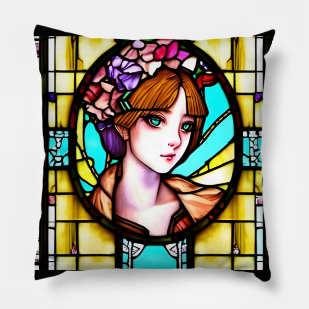 Beautiful Lady stained glass church window Pillow by animegirlnft
