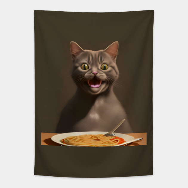 Surprise Cat Love Eating Vegan Spaghetti Tapestry by animegirlnft