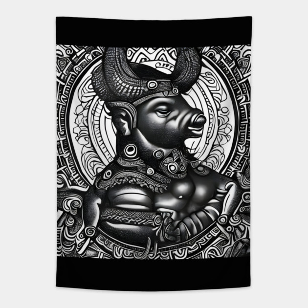 Black and white drawing of Cow God Tapestry by animegirlnft