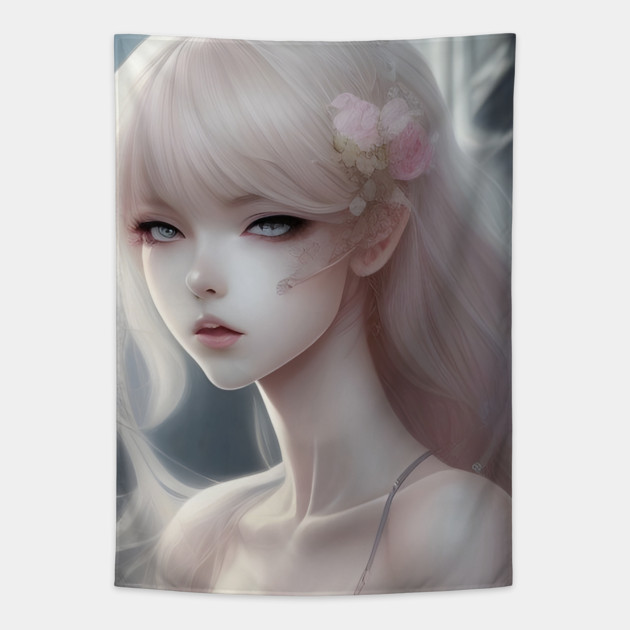 White Hair Anime Girl Style Cute Tapestry by animegirlnft