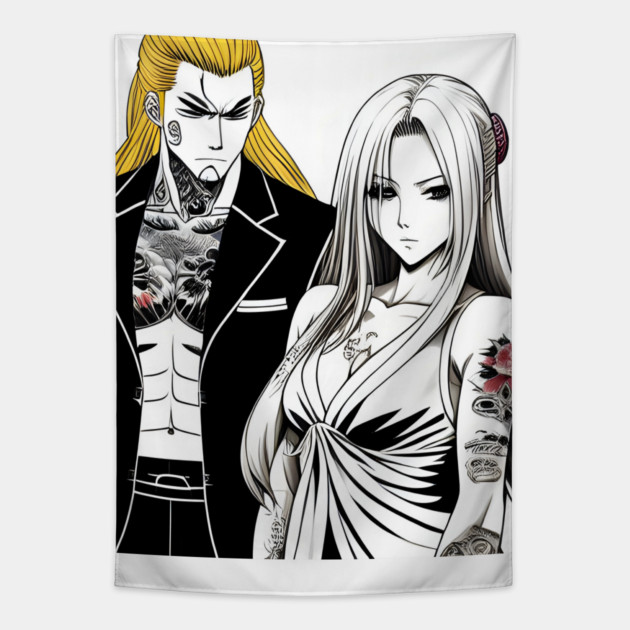 Couple Chef Manga Tatoo Tapestry by animegirlnft