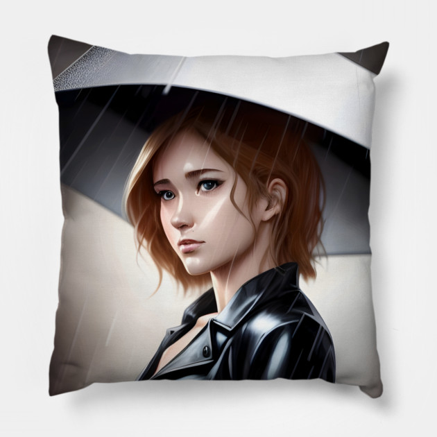 Women Style With Umbrella  Clouds Rain Pillow by animegirlnft