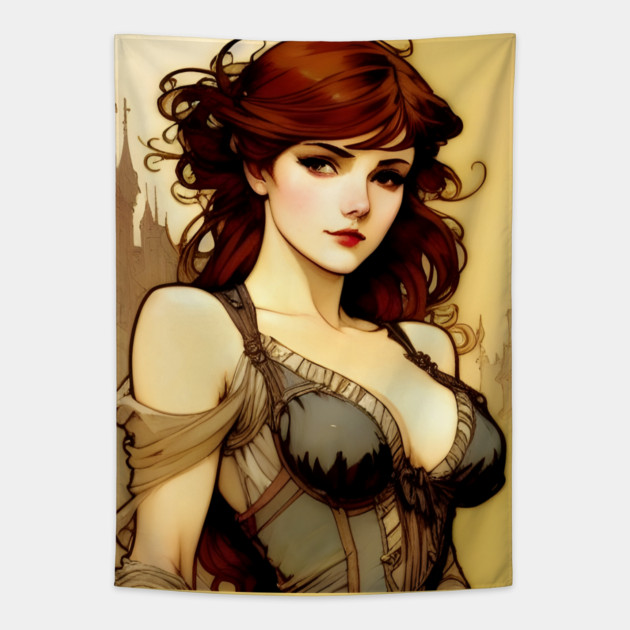 Sexy red haired woman Tapestry by animegirlnft