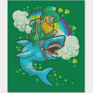 Leprechaun Riding Shark St Patrick's Day Posters and Art