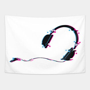 Music Headphones Glitch Art Tapestry
