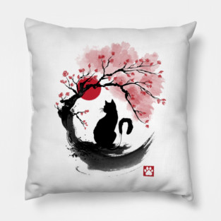 Sakura cat sumi e Pillow