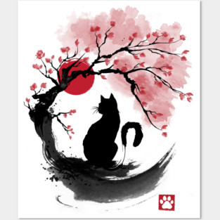 Sakura cat sumi e Posters and Art