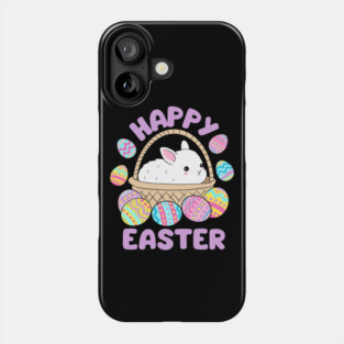 Happy easter a cute little Easter bunny in a basket surrounded by easter eggs Phone Case