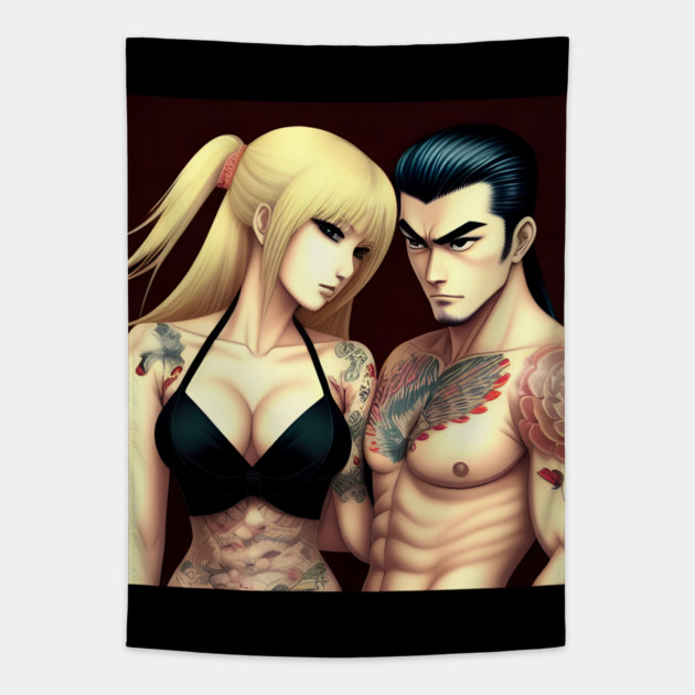 Manga tattoo couple boyfriend girlfriend Tapestry by animegirlnft
