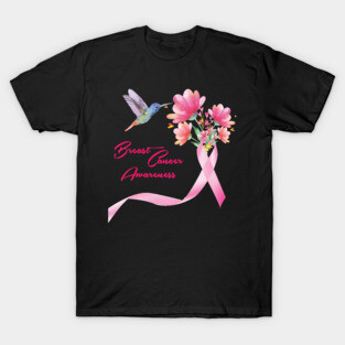 'Hummingbird With Flowers Pink Ribbon' Breast Cancer Gift T-Shirt