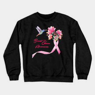 'Hummingbird With Flowers Pink Ribbon' Breast Cancer Gift Crewneck Sweatshirt