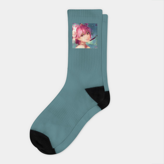 anime girl pink hair manga Socks by animegirlnft