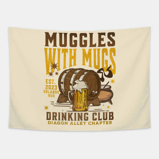 The Leaky Cauldron Muggles with Mugs drinking Club Orlando Chapter Distressed look Tapestry by Joaddo
