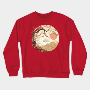 Japanese Style Art: Mountain and Floral View Crewneck Sweatshirt