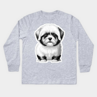 Black & White Cartoon Illustration of a Havanese Puppy Kids Long Sleeve T-Shirt