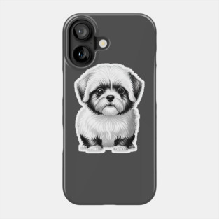Black & White Cartoon Illustration of a Havanese Puppy Phone Case