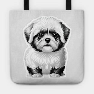 Black & White Cartoon Illustration of a Havanese Puppy Tote