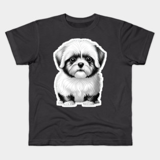 Black & White Cartoon Illustration of a Havanese Puppy Kids T-Shirt