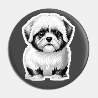 Black & White Cartoon Illustration of a Havanese Puppy Pin
