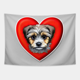 A Scruffy Havanese Headshot Illustration on a Heart Background Tapestry