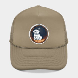 A White Havanese Puppy Dog Night Portrait Illustration Hat