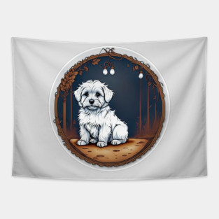 A White Havanese Puppy Dog Night Portrait Illustration Tapestry