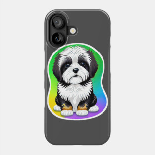 A Cute Havanese Puppy Dog with Black & White Markings and a Brown Trim with a Rainbow Color Background Phone Case