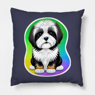 A Cute Havanese Puppy Dog with Black & White Markings and a Brown Trim with a Rainbow Color Background Pillow