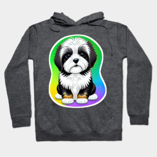 A Cute Havanese Puppy Dog with Black & White Markings and a Brown Trim with a Rainbow Color Background Hoodie