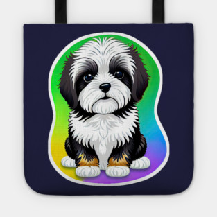 A Cute Havanese Puppy Dog with Black & White Markings and a Brown Trim with a Rainbow Color Background Tote