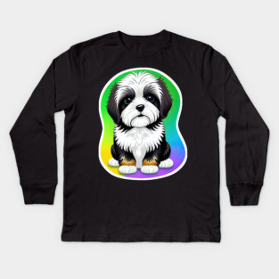 A Cute Havanese Puppy Dog with Black & White Markings and a Brown Trim with a Rainbow Color Background Kids Long Sleeve T-Shirt