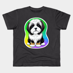 A Cute Havanese Puppy Dog with Black & White Markings and a Brown Trim with a Rainbow Color Background Kids T-Shirt